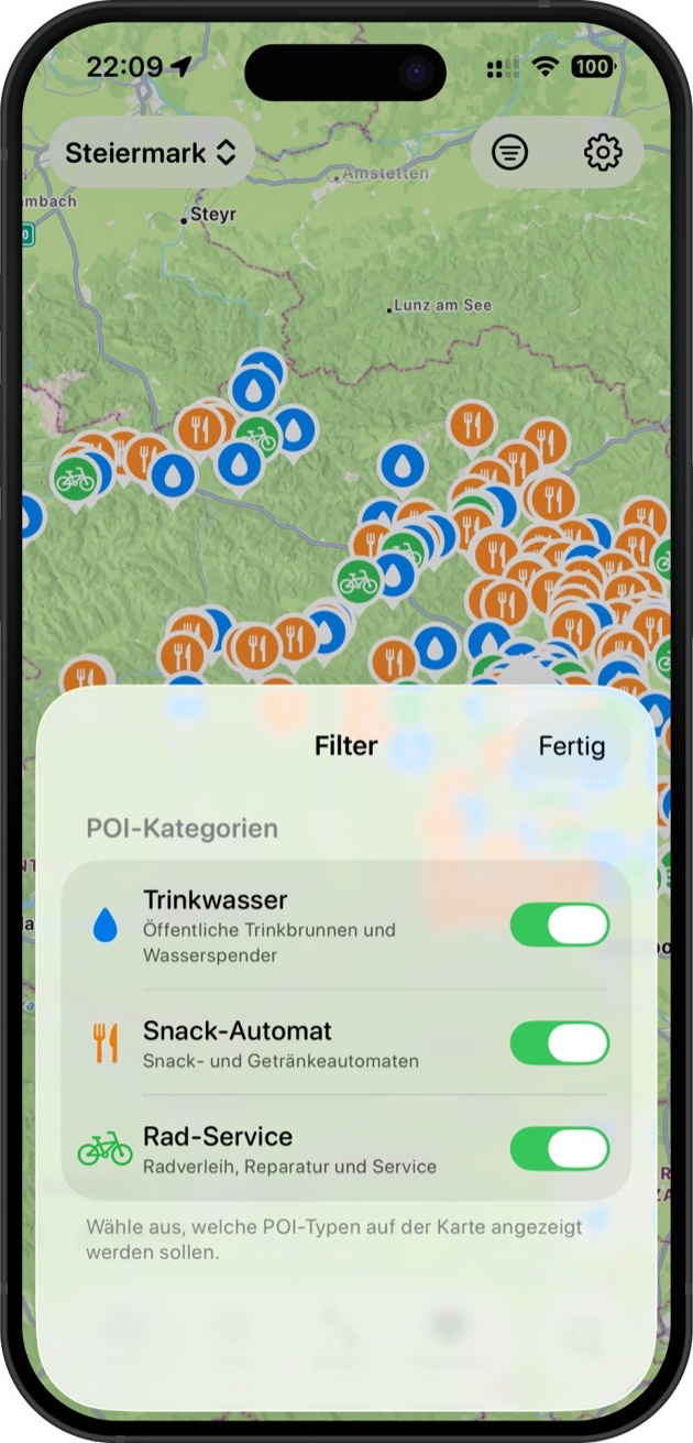 Velorino App — POI-Kategorien filtern