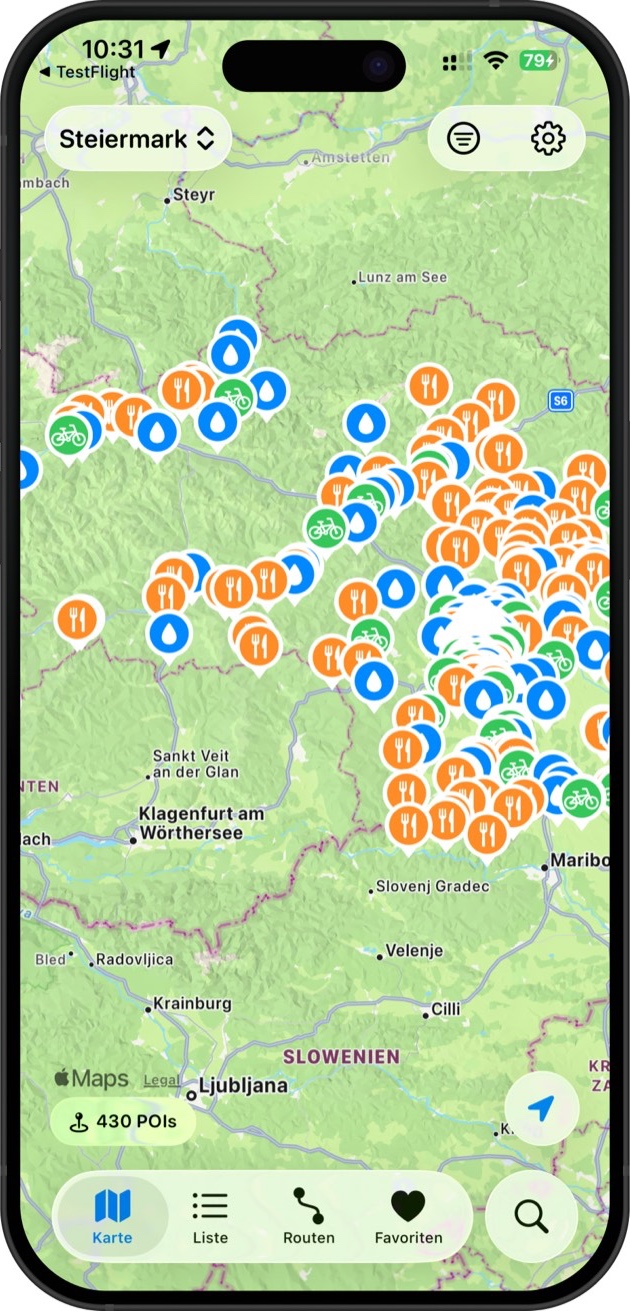 Velorino App — Karte mit Points of Interest